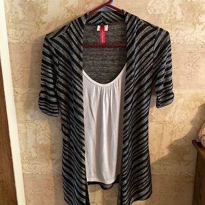 Heart & Soul black & gray striped w/ white tank underneath, short sleeve shirt.